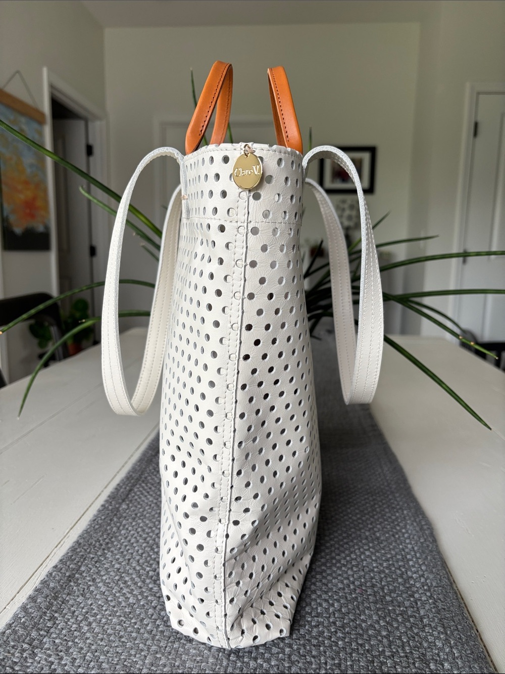 Clare V Micheline Perforated Tote in Cream - Picture 4 of 10